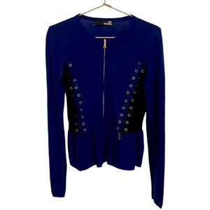 Love Moschino blue black peplum wool zipper sweater, like new